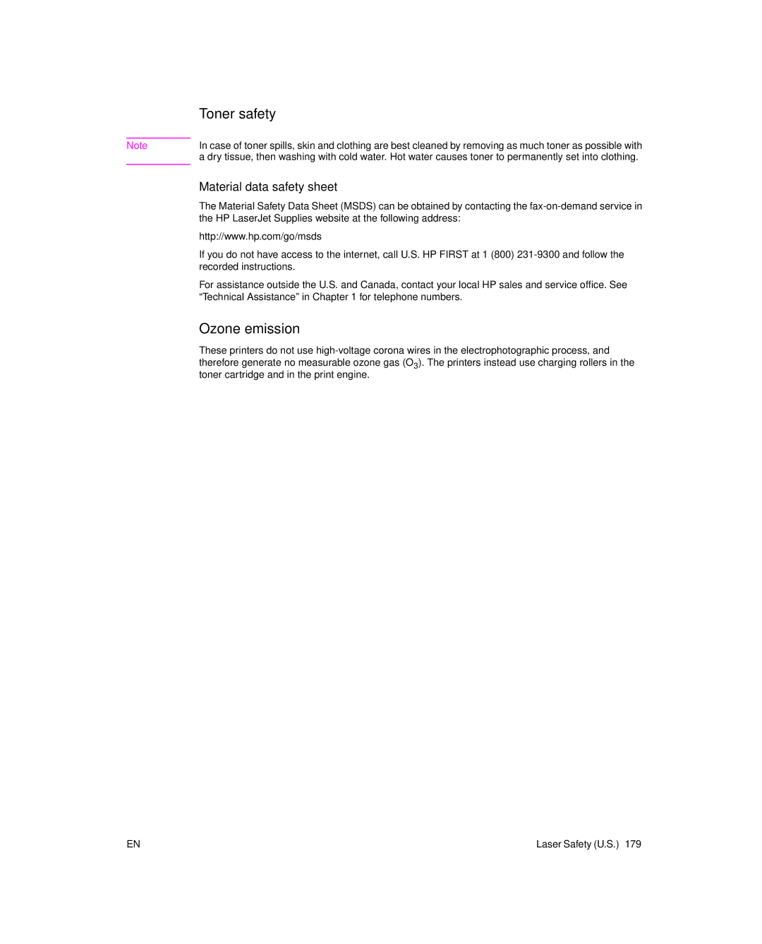 HP 6L Gold, 6L pro manual Toner safety, Ozone emission, Material data safety sheet 