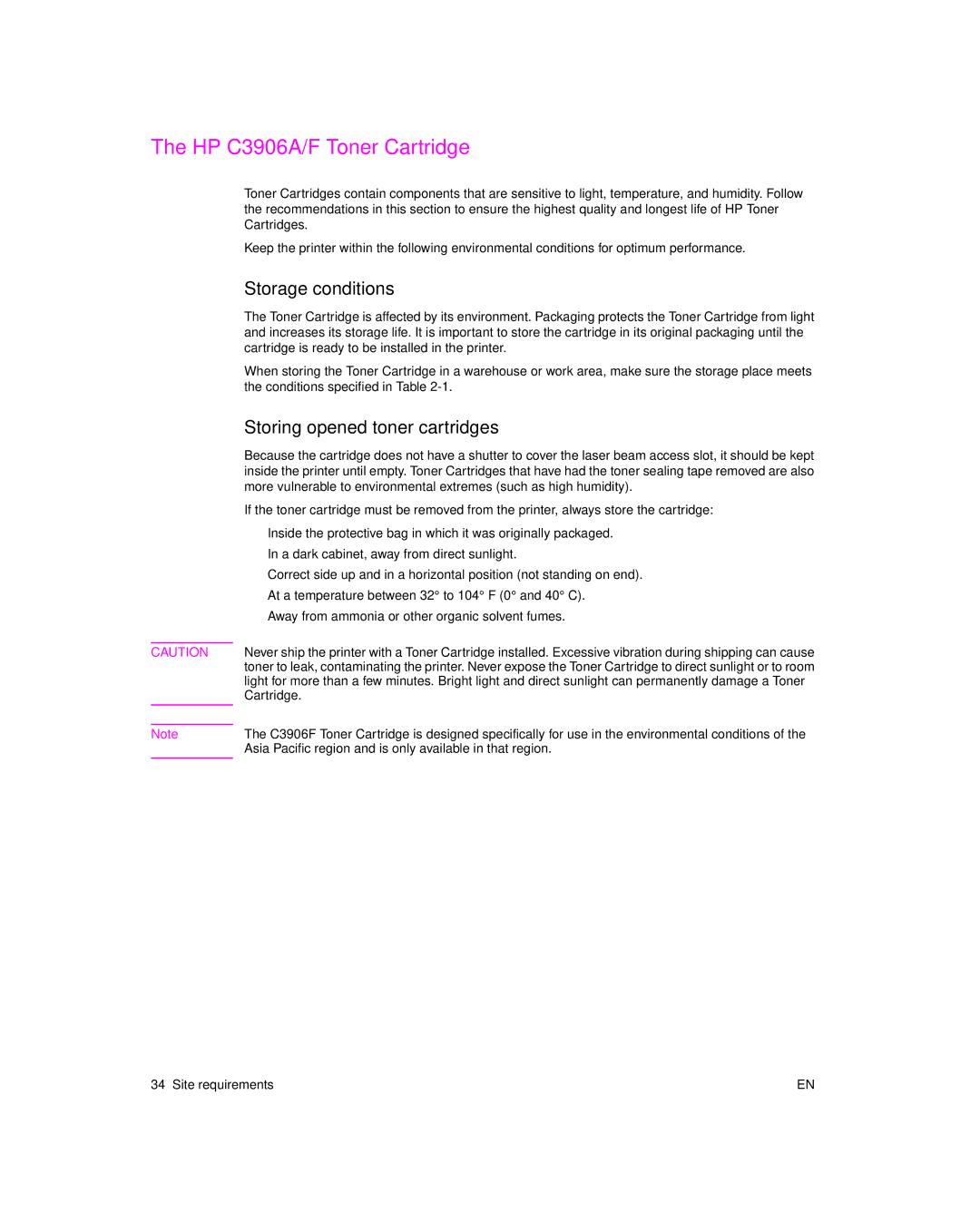 HP 6L pro, 6L Gold manual HP C3906A/F Toner Cartridge, Storage conditions, Storing opened toner cartridges 