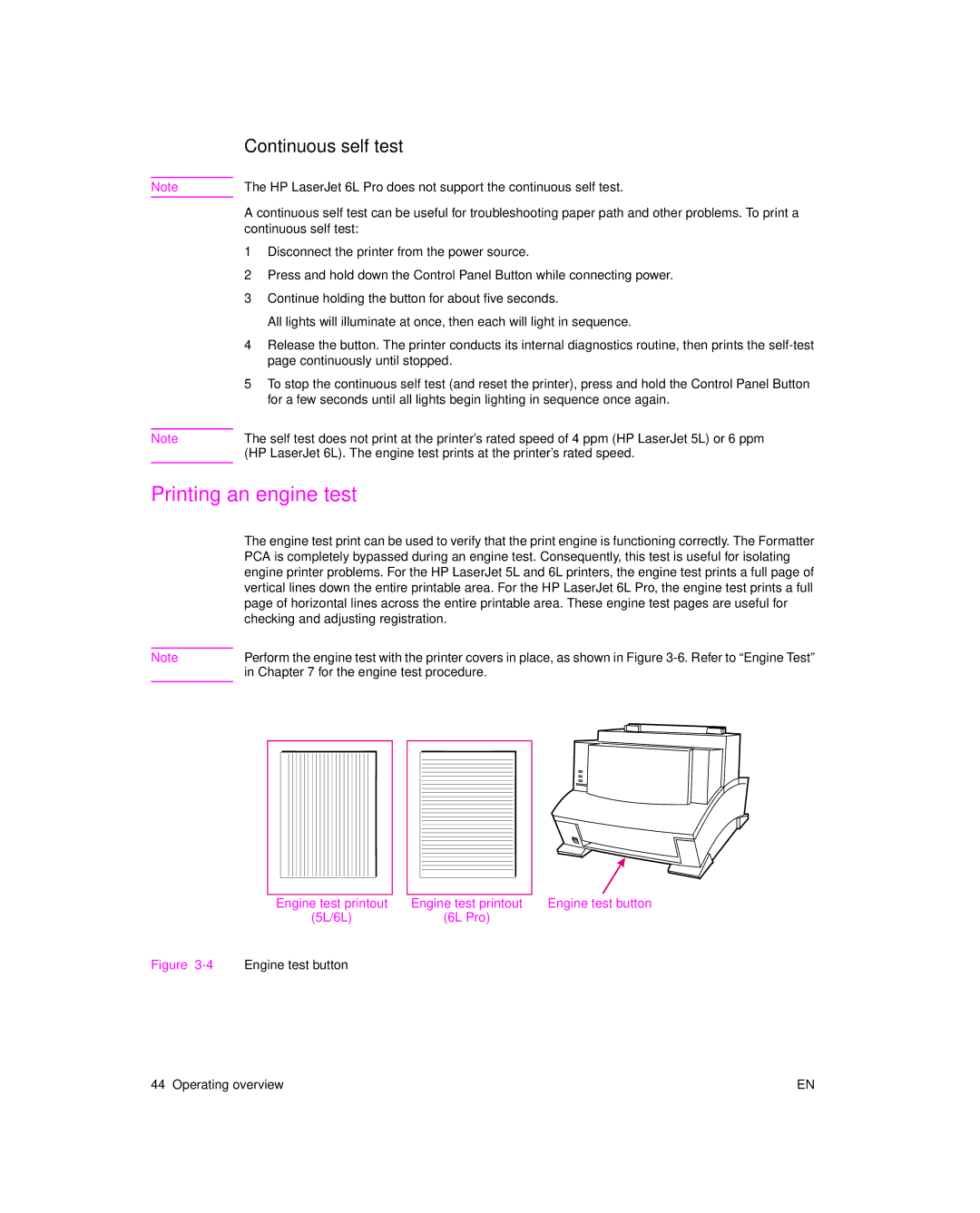 HP 6L pro, 6L Gold manual Printing an engine test, Continuous self test 