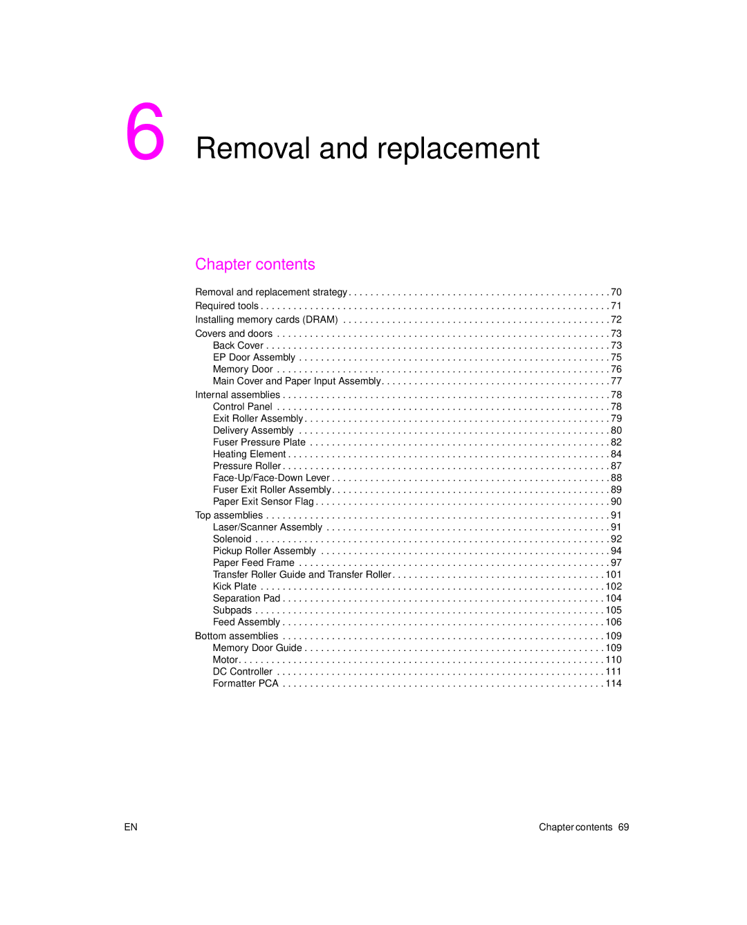 HP 6L Gold, 6L pro manual Removal and replacement, Chapter contents 