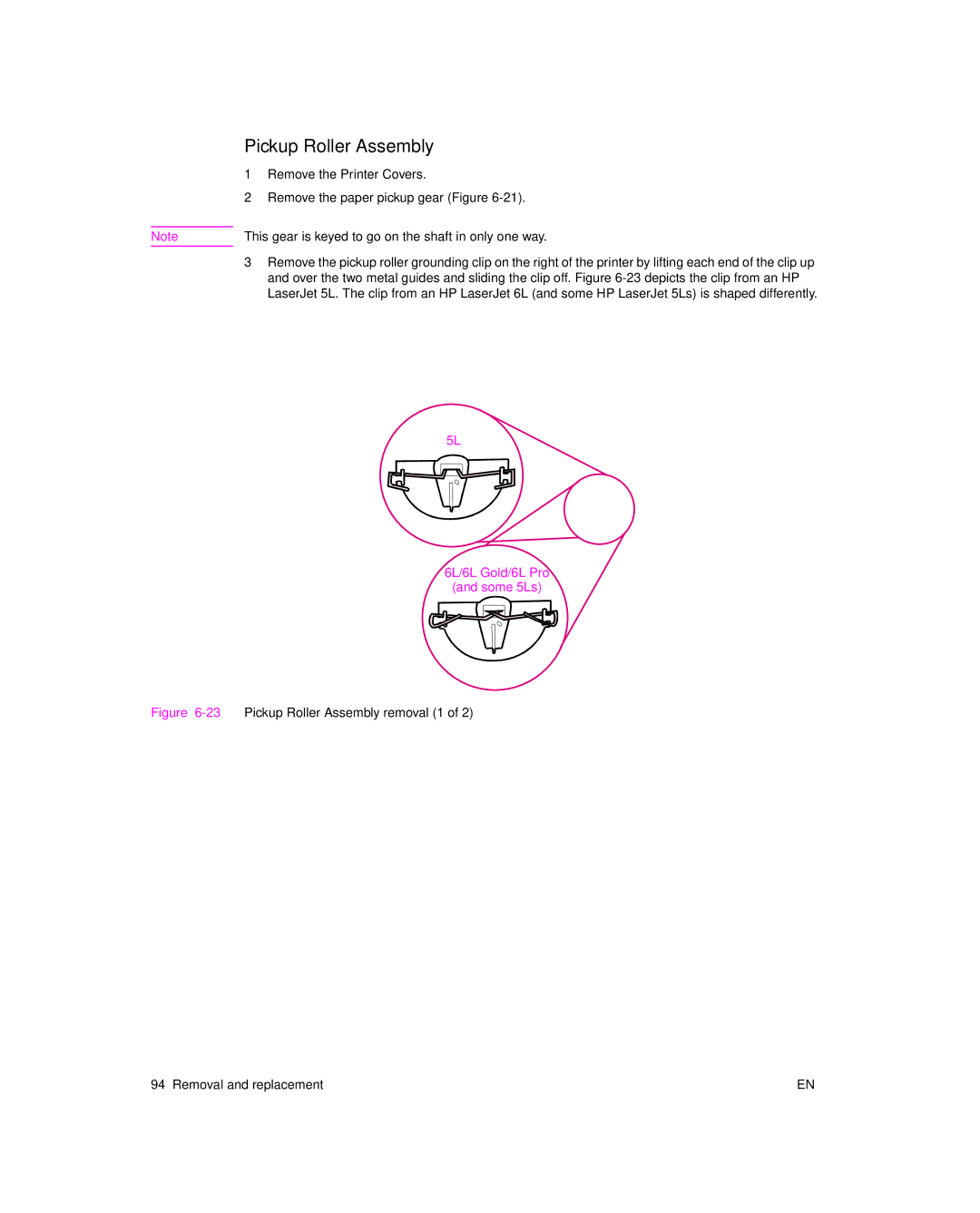 HP 6L pro, 6L Gold manual 23Pickup Roller Assembly removal 1 