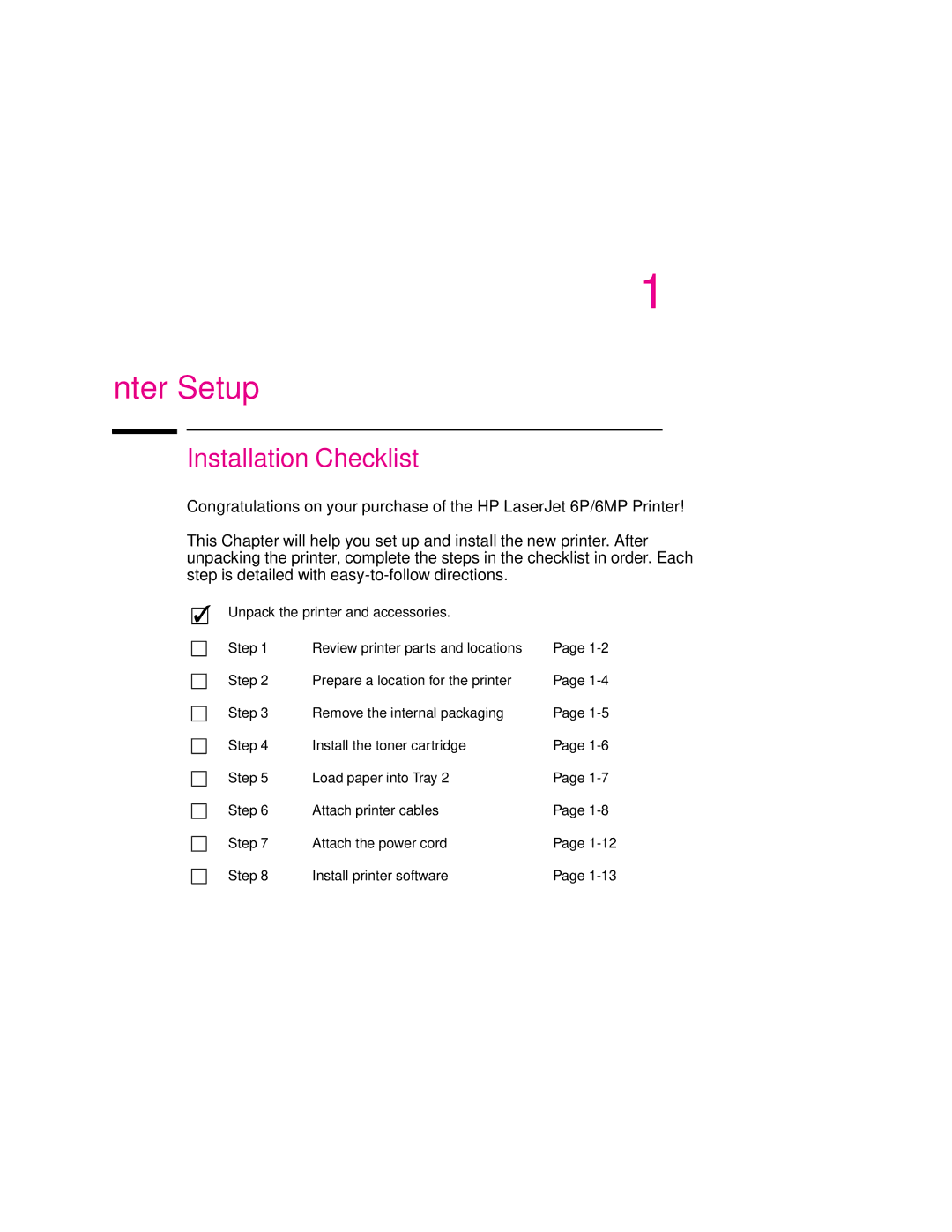 HP 6MP, 6p manual Printer Setup, Installation Checklist 