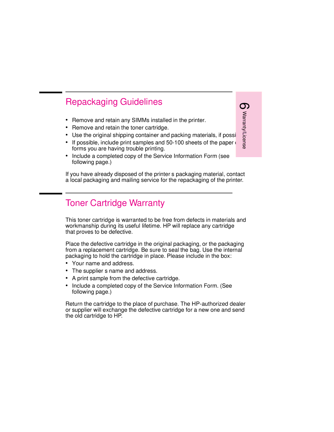 HP 6MP, 6p manual Repackaging Guidelines, Toner Cartridge Warranty 