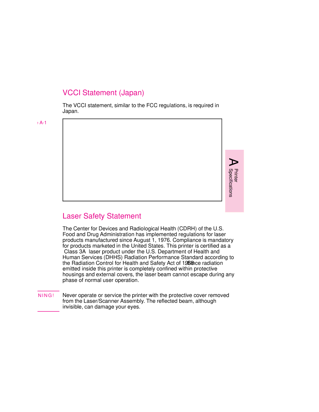 HP 6MP, 6p manual Vcci Statement Japan, Laser Safety Statement 