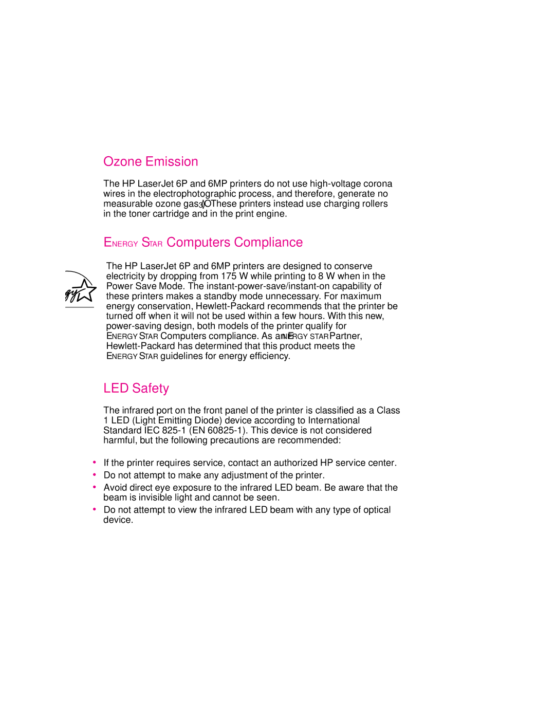 HP 6p, 6MP manual Ozone Emission, Energy Star Computers Compliance, LED Safety 