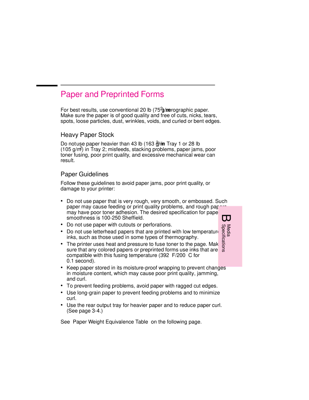 HP 6MP, 6p manual Paper and Preprinted Forms, Heavy Paper Stock, Paper Guidelines 