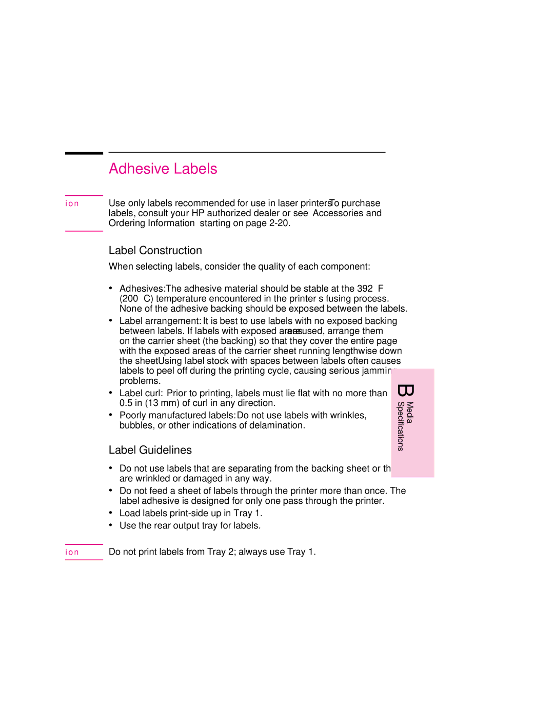 HP 6MP, 6p manual Adhesive Labels, Label Construction 