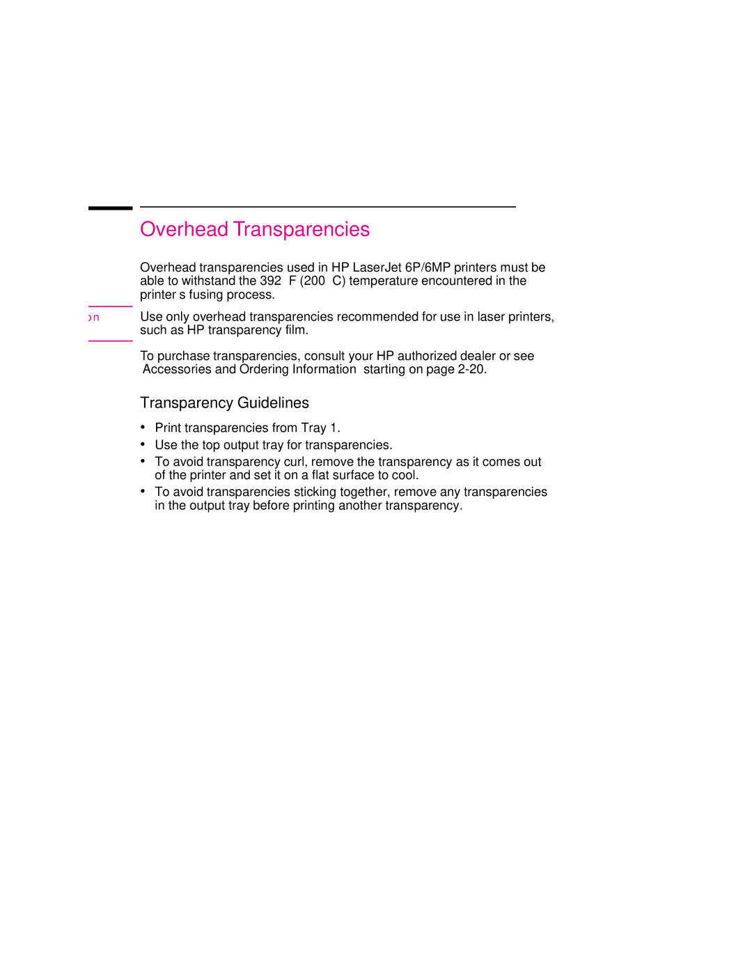 HP 6p, 6MP manual Overhead Transparencies, Transparency Guidelines 