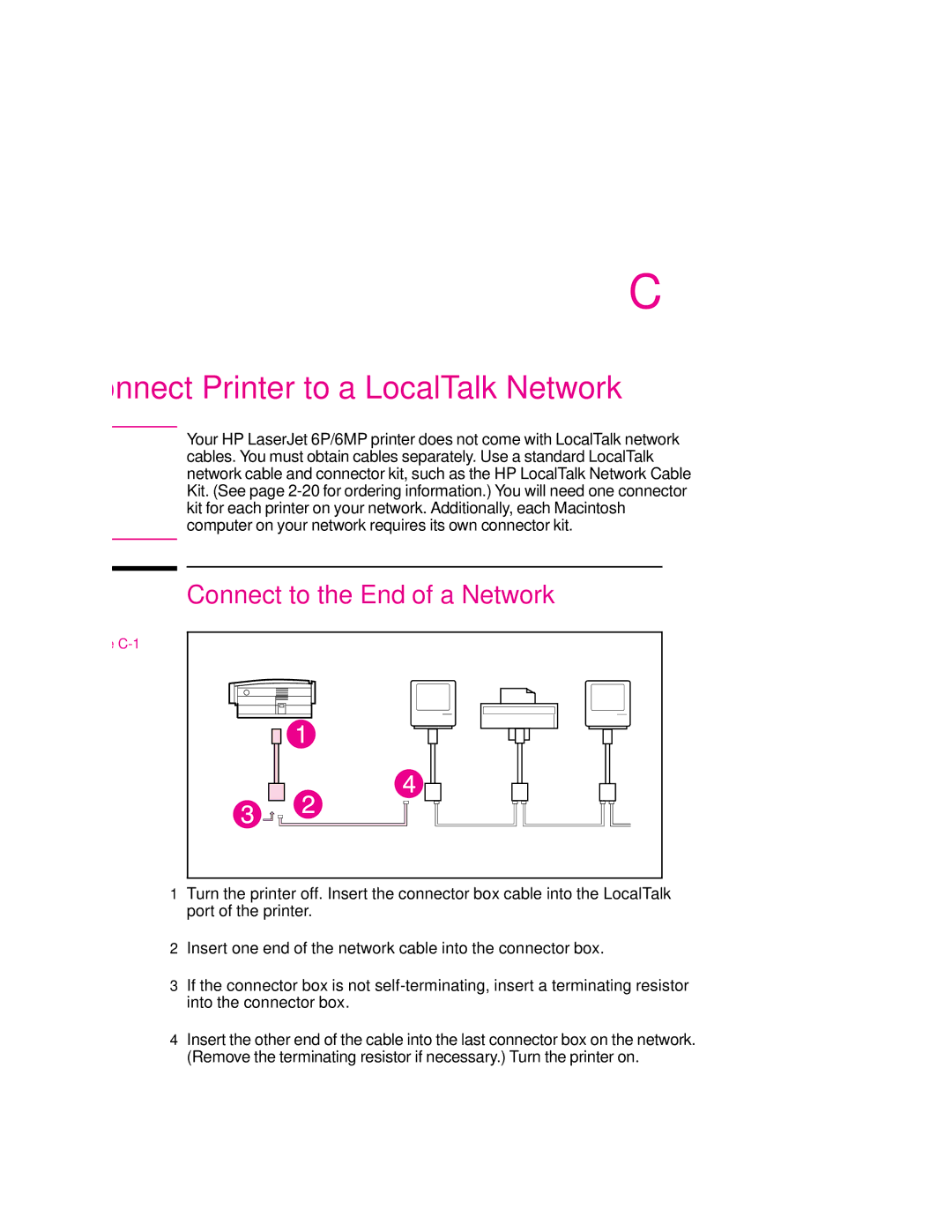 HP 6MP, 6p manual Connect Printer to a LocalTalk Network, Connect to the End of a Network 