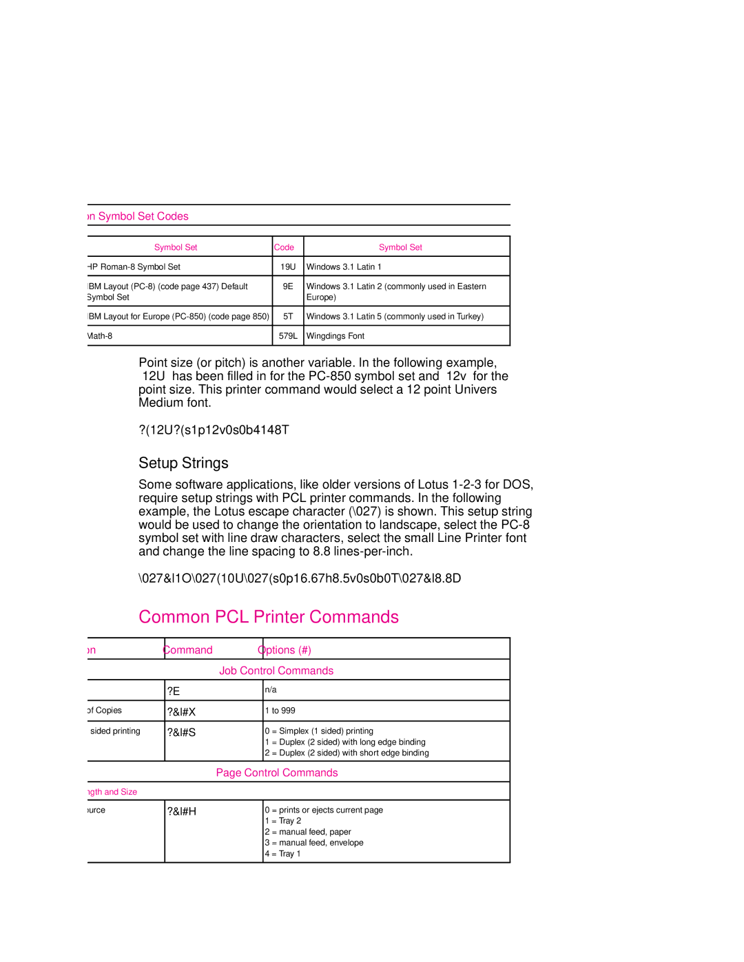 HP 6p, 6MP manual Common PCL Printer Commands, Setup Strings 