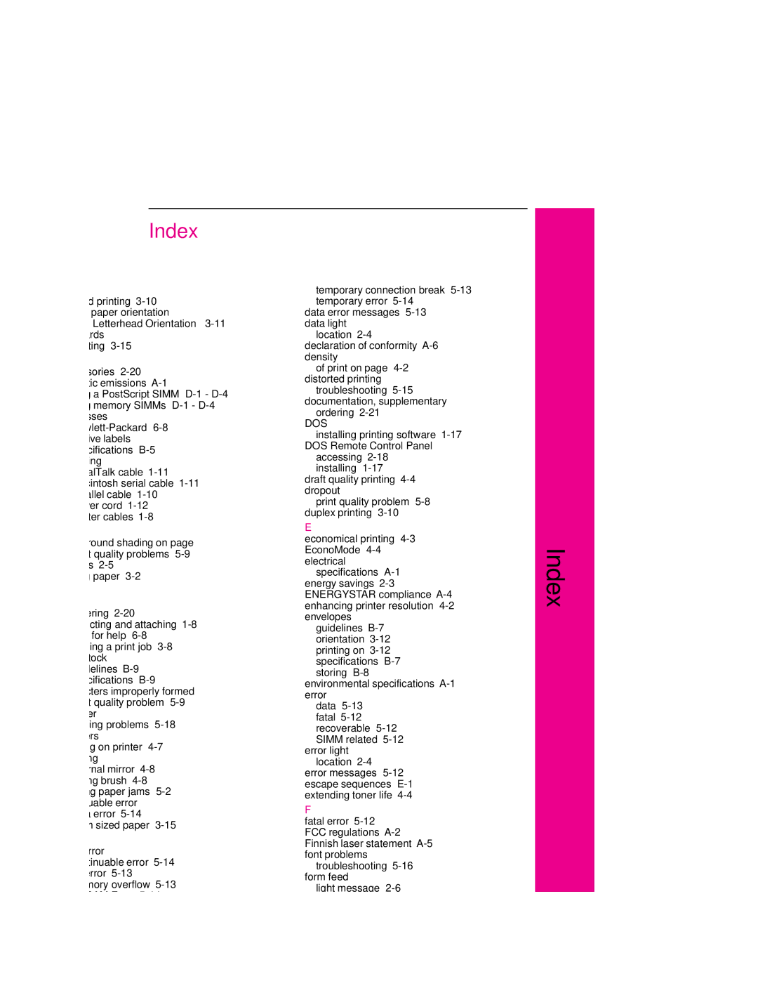 HP 6MP, 6p manual Index, Cables 