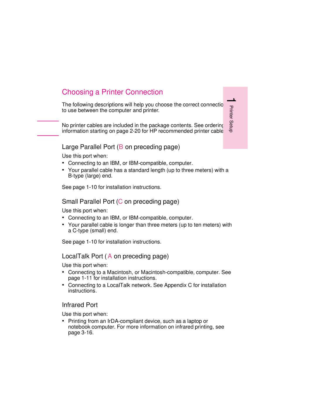 HP 6MP, 6p manual Choosing a Printer Connection, Large Parallel Port B on preceding, Small Parallel Port C on preceding 