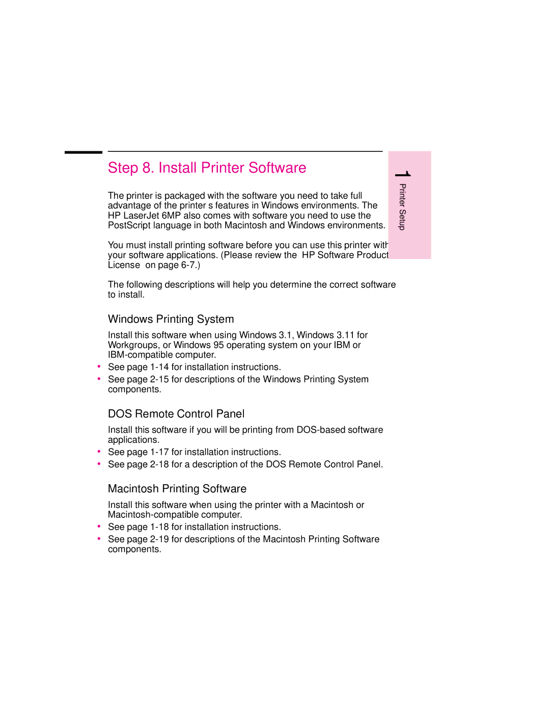 HP 6MP, 6p manual Install Printer Software, Windows Printing System, DOS Remote Control Panel, Macintosh Printing Software 