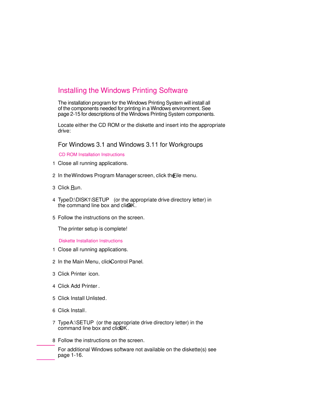 HP 6p Installing the Windows Printing Software, For Windows 3.1 and Windows 3.11 for Workgroups, Printer setup is complete 