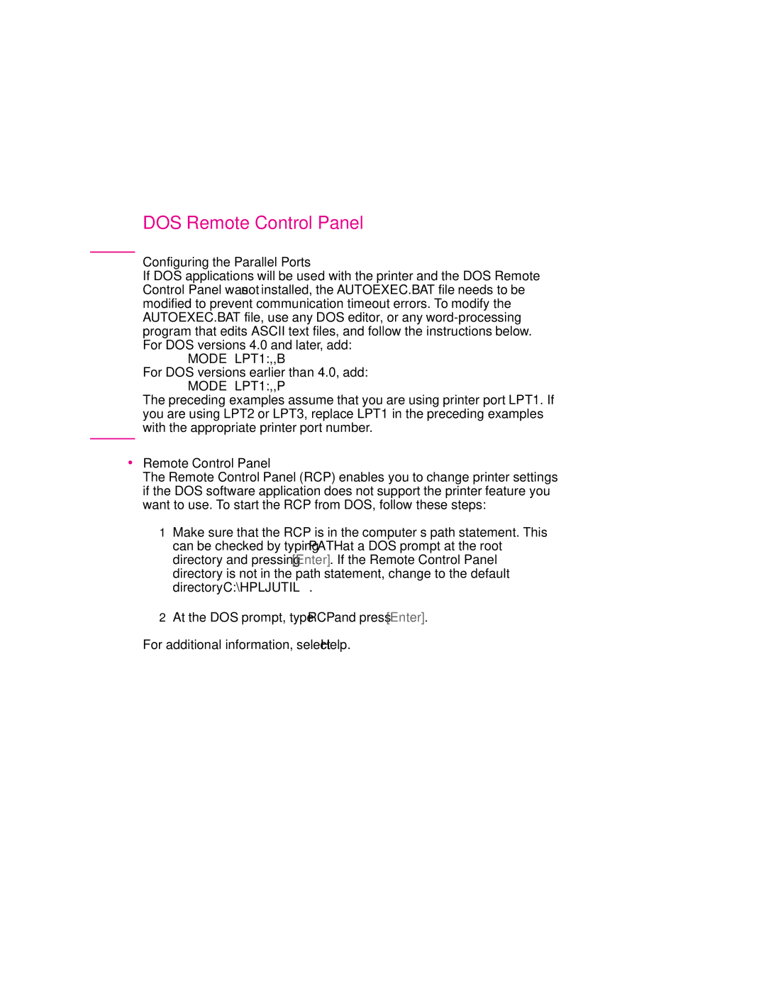 HP 6p, 6MP manual DOS Remote Control Panel, Configuring the Parallel Ports, For DOS versions 4.0 and later, add 