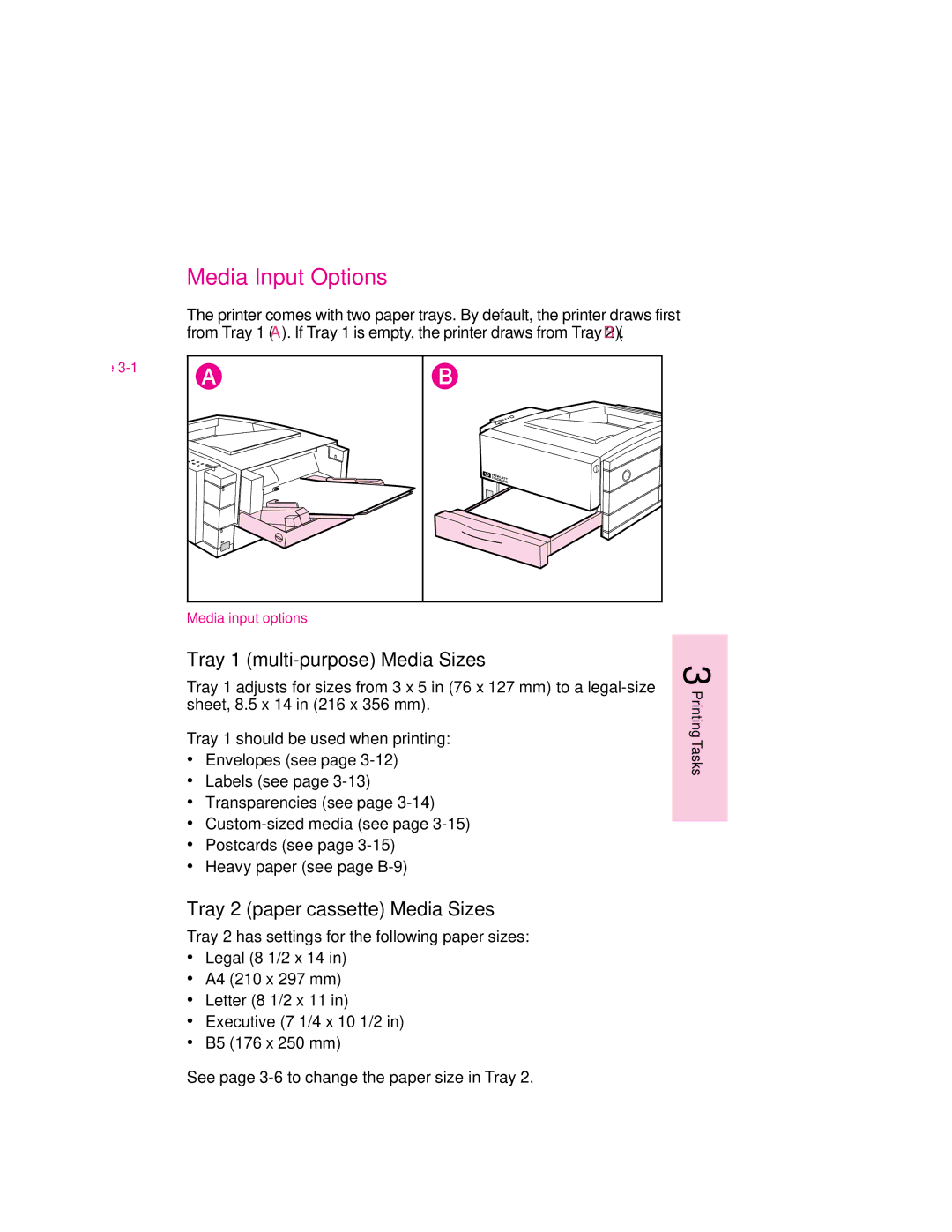 HP 6MP, 6p manual Media Input Options, Tray 1 multi-purpose Media Sizes, Tray 2 paper cassette Media Sizes 