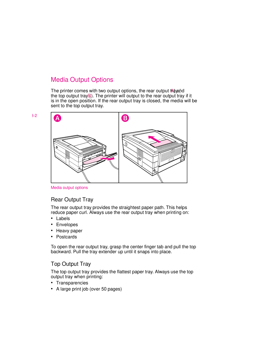 HP 6p, 6MP manual Media Output Options, Rear Output Tray, Top Output Tray 