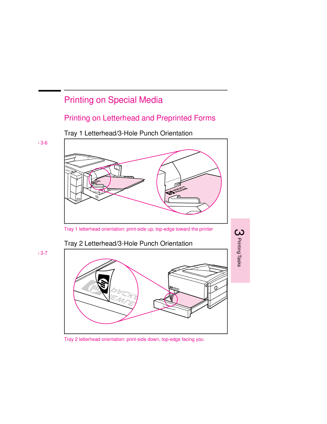 HP 6MP Printing on Special Media, Printing on Letterhead and Preprinted Forms, Tray 1 Letterhead/3-Hole Punch Orientation 