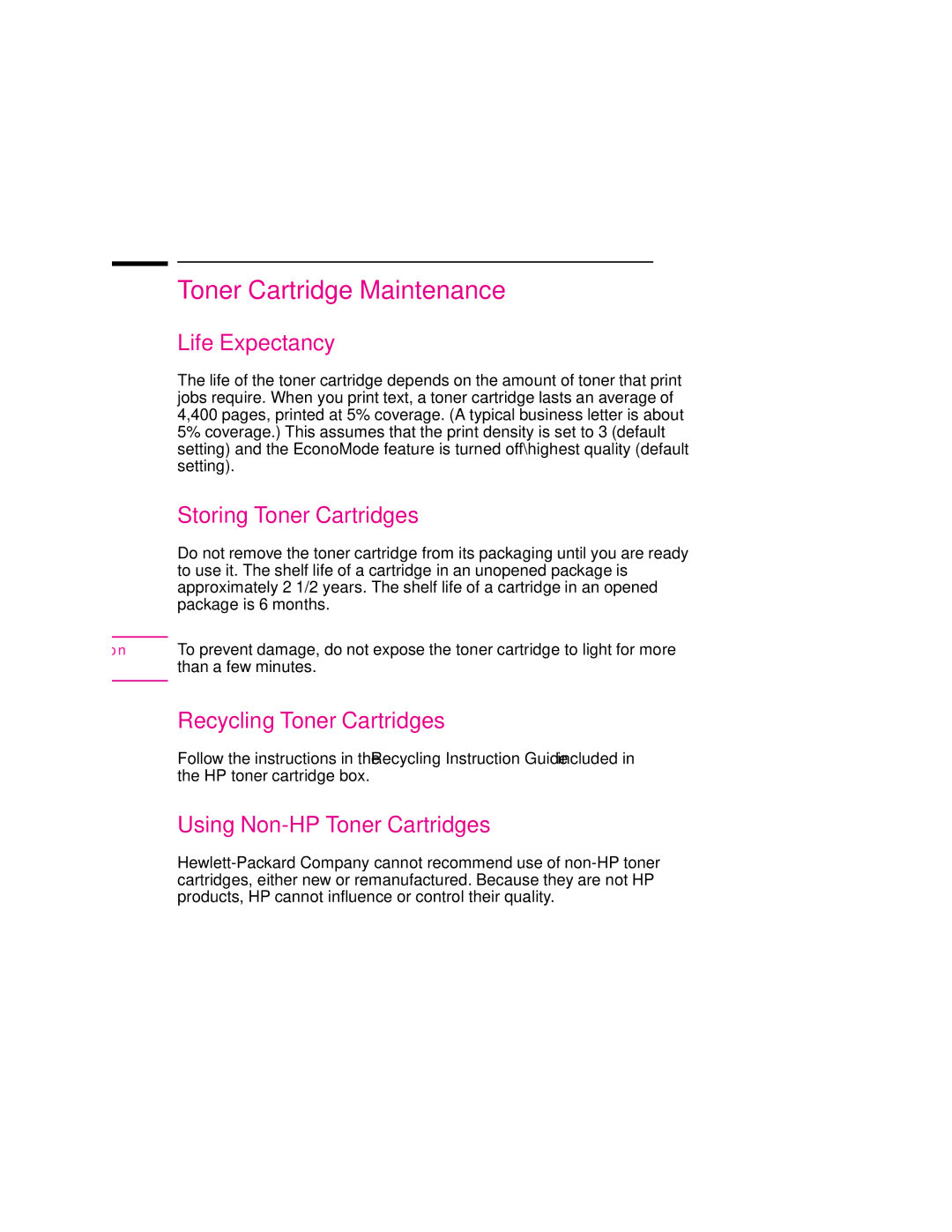 HP 6p, 6MP manual Toner Cartridge Maintenance, Life Expectancy, Storing Toner Cartridges, Recycling Toner Cartridges 