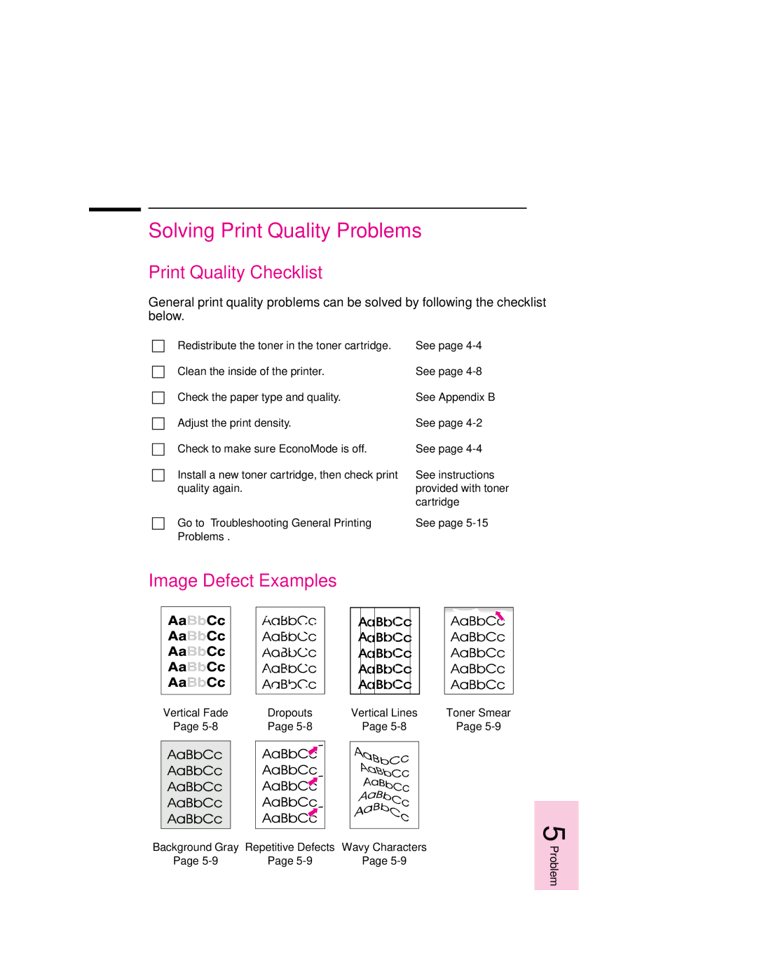 HP 6MP, 6p manual Solving Print Quality Problems, Print Quality Checklist, Image Defect Examples 