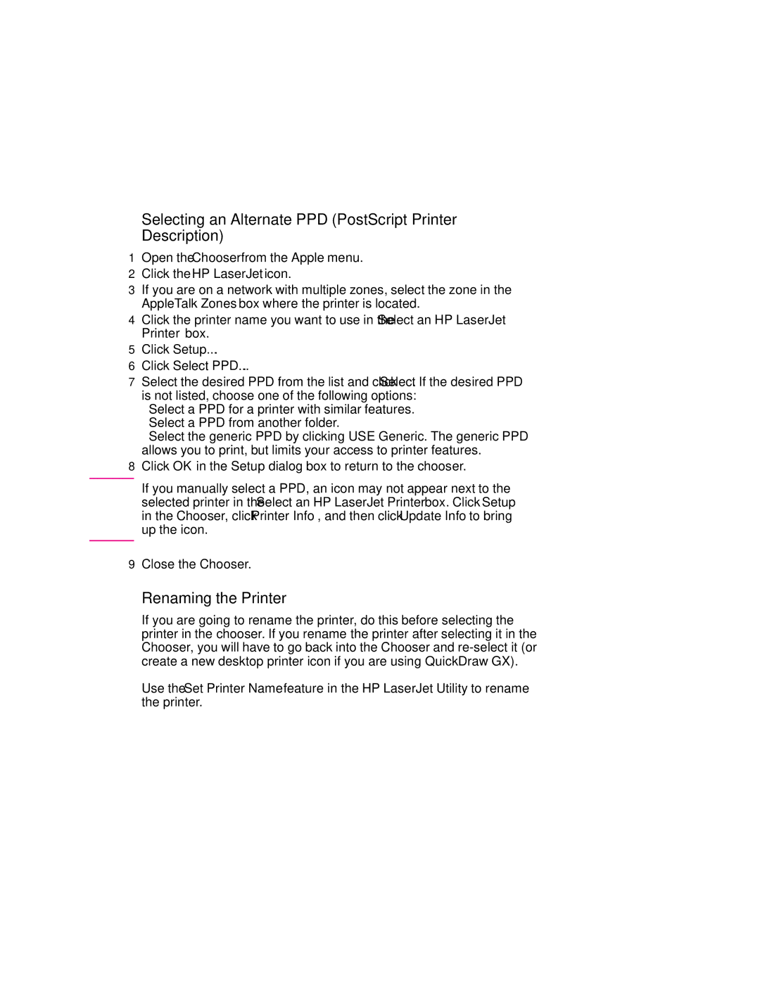 HP 6p, 6MP Selecting an Alternate PPD PostScript Printer Description, Renaming the Printer, Click Setup Click Select PPD 