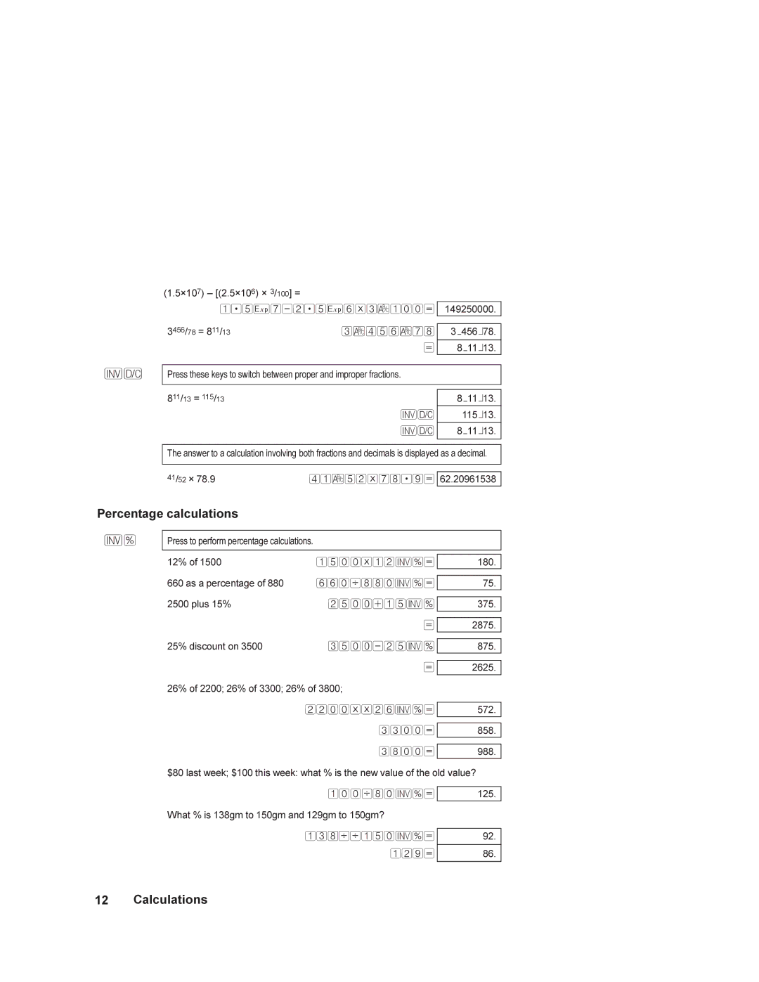 HP 6S manual Percentage calculations, 41/52 × 41Ë52*78.9= 62.20961538 