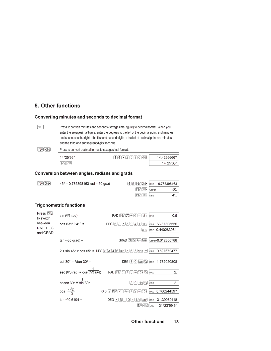 HP 6S Other functions, Converting minutes and seconds to decimal format, Conversion between angles, radians and grads 