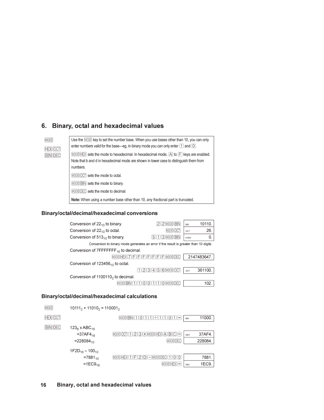 HP 6S manual Binary, octal and hexadecimal values, Binary/octal/decimal/hexadecimal conversions, 10110 