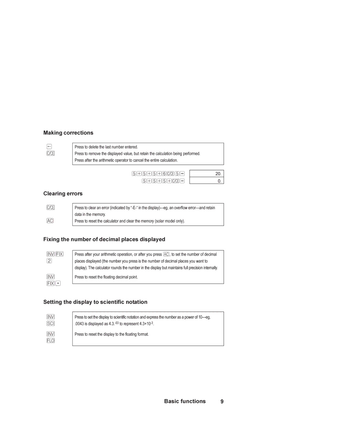 HP 6S manual Making corrections, Clearing errors, Fixing the number of decimal places displayed 