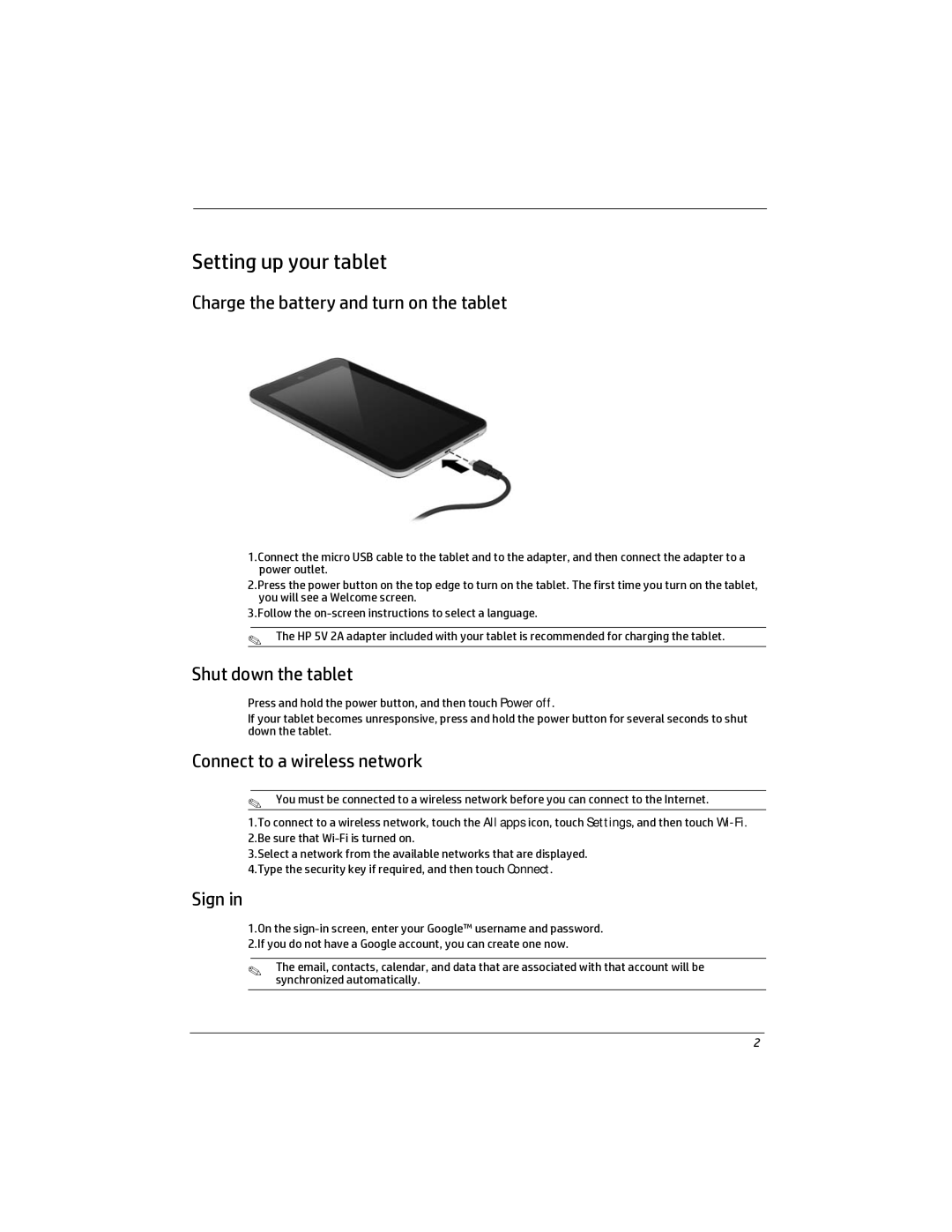 HP 7 - 2801 manual Setting up your tablet, Charge the battery and turn on the tablet, Shut down the tablet, Sign 