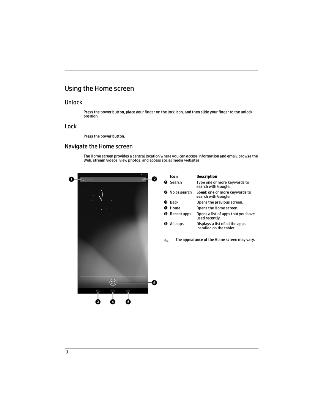 HP 7 - 2801 manual Using the Home screen, Unlock, Lock, Navigate the Home screen, Icon Description 