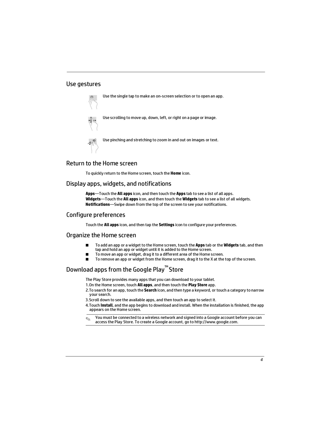 HP 7 - 2801 manual Use gestures, Return to the Home screen, Display apps, widgets, and notifications, Configure preferences 