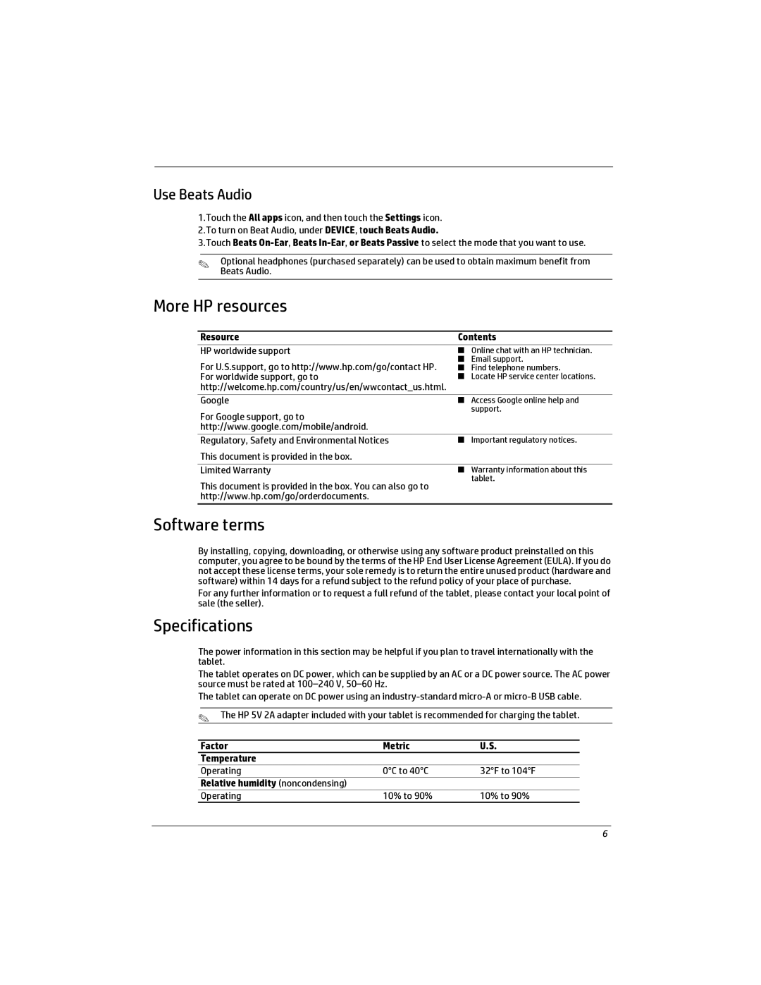 HP 7 - 2801 manual More HP resources, Software terms, Specifications, Use Beats Audio 