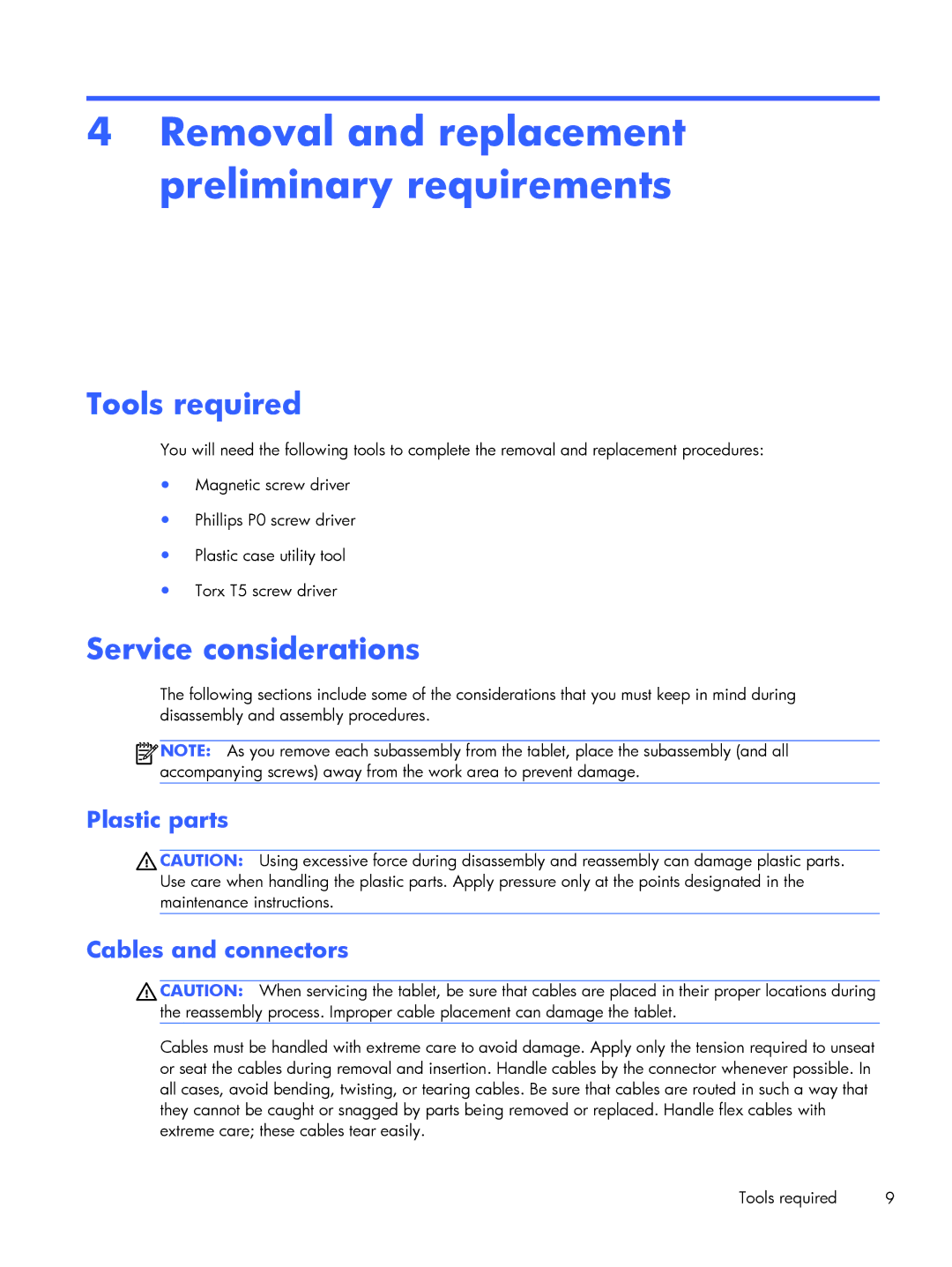 HP 7+ 1300, 7 1200 manual Removal and replacement preliminary requirements, Tools required, Service considerations 