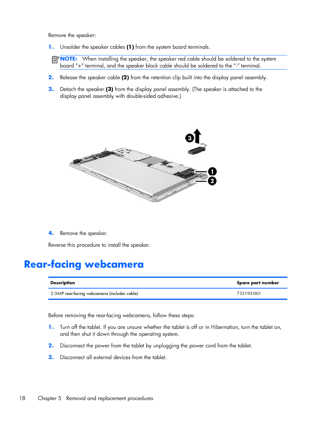 HP 7 1200, 7+ 1300 manual Rear-facing webcamera, Description Spare part number 