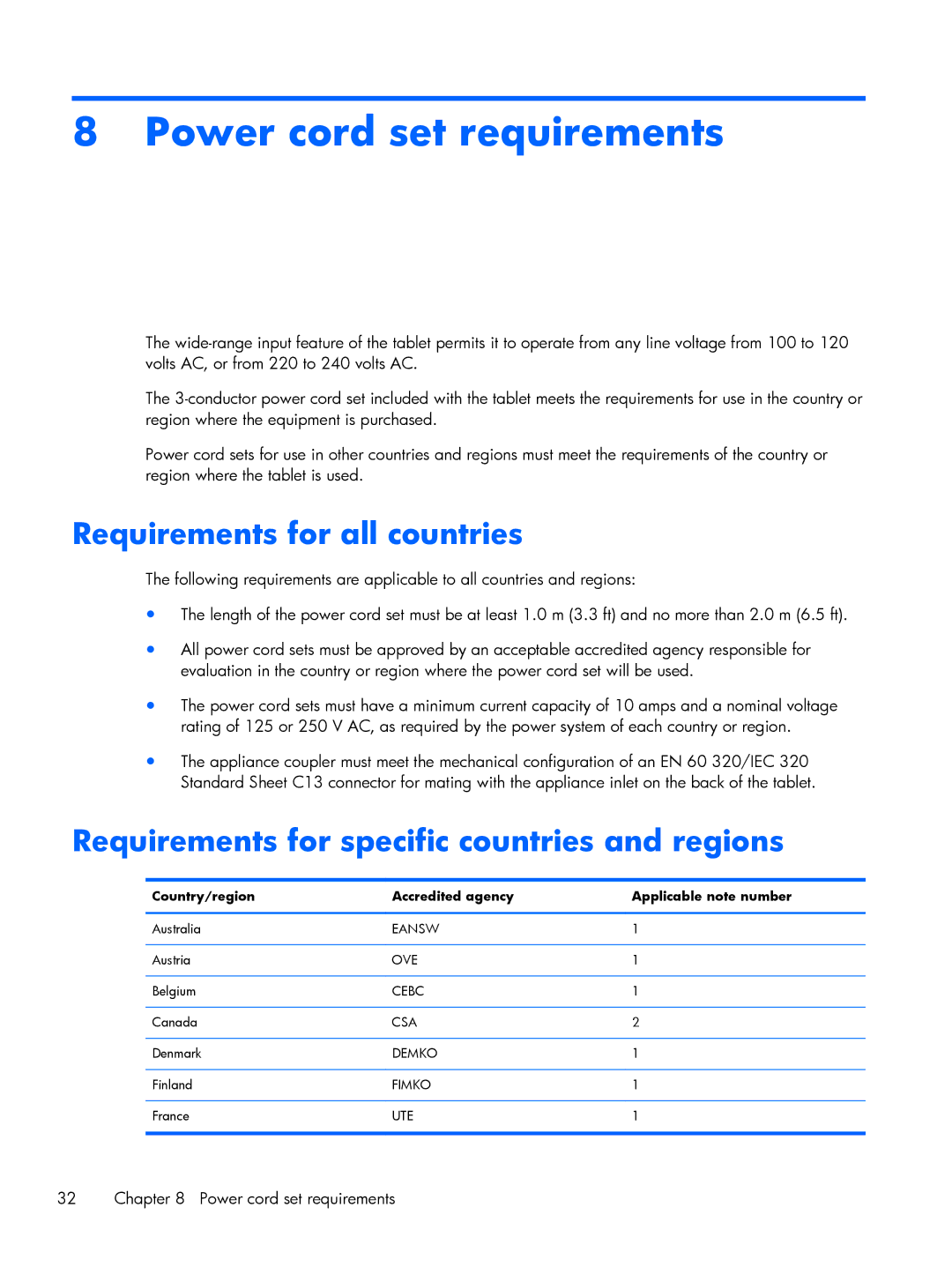 HP 7 1200 Power cord set requirements, Requirements for all countries, Requirements for specific countries and regions 