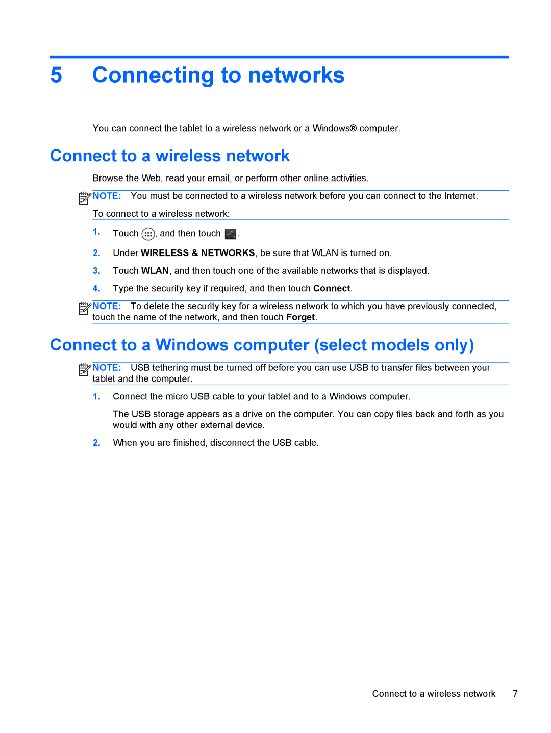 HP 7 1200 manual Connecting to networks, Connect to a wireless network, Connect to a Windows computer select models only 