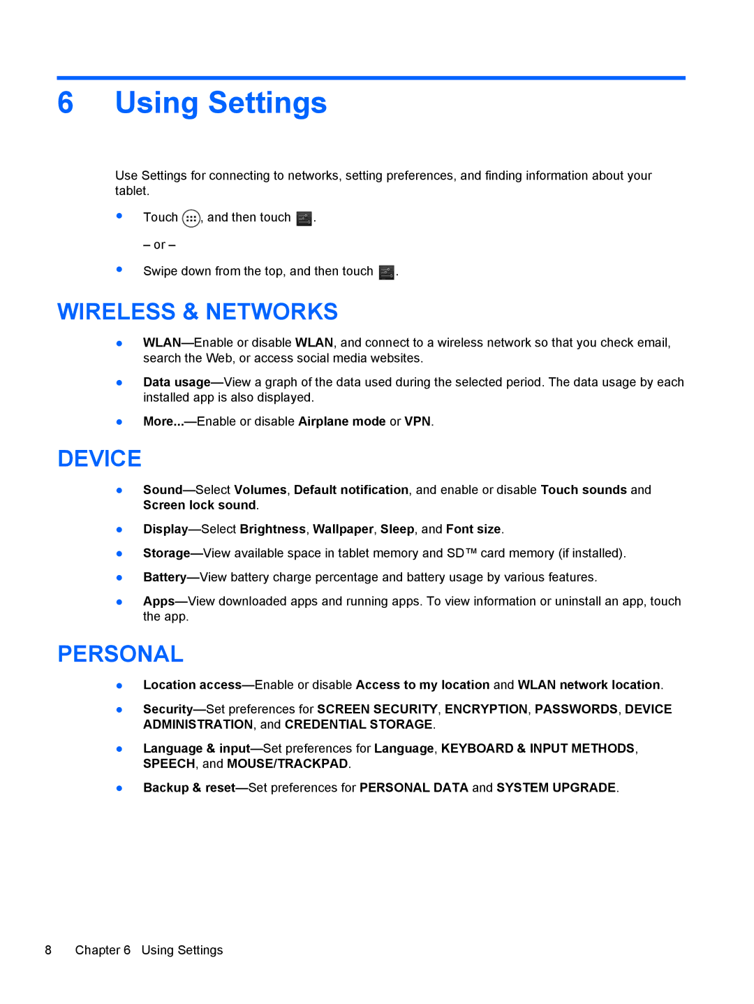 HP 7 1200 manual Using Settings, Wireless & Networks 