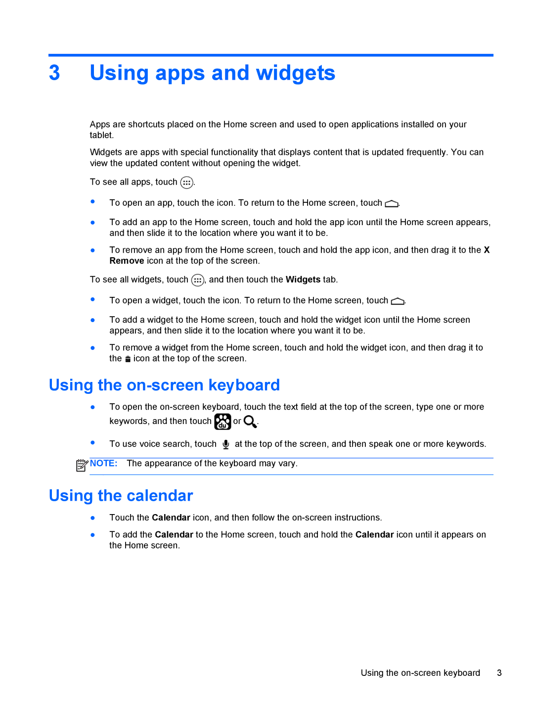 HP 7 1200 manual Using apps and widgets, Using the on-screen keyboard, Using the calendar 