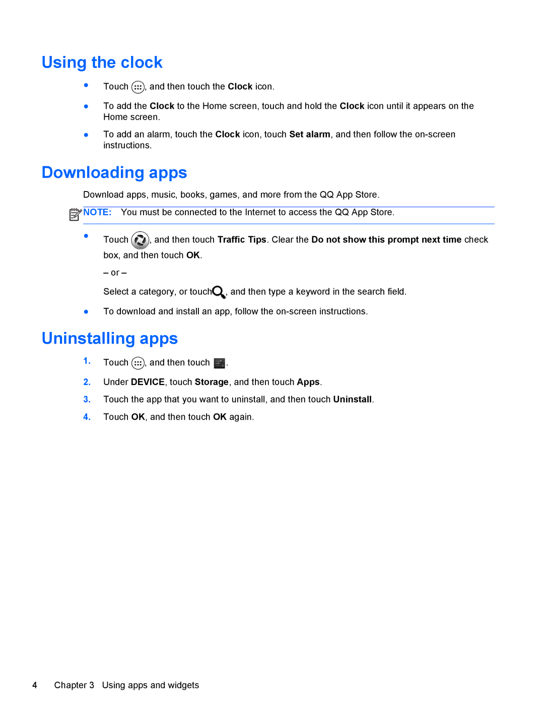 HP 7 1200 manual Using the clock, Downloading apps, Uninstalling apps 