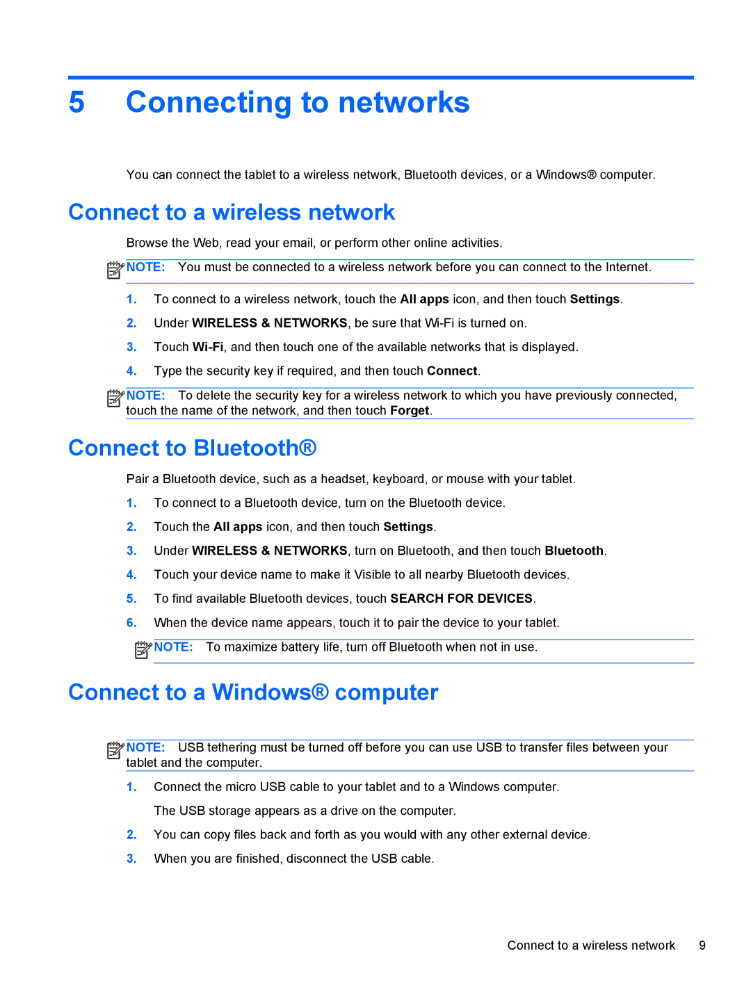 HP 7 1800 manual Connecting to networks, Connect to a wireless network, Connect to Bluetooth, Connect to a Windows computer 