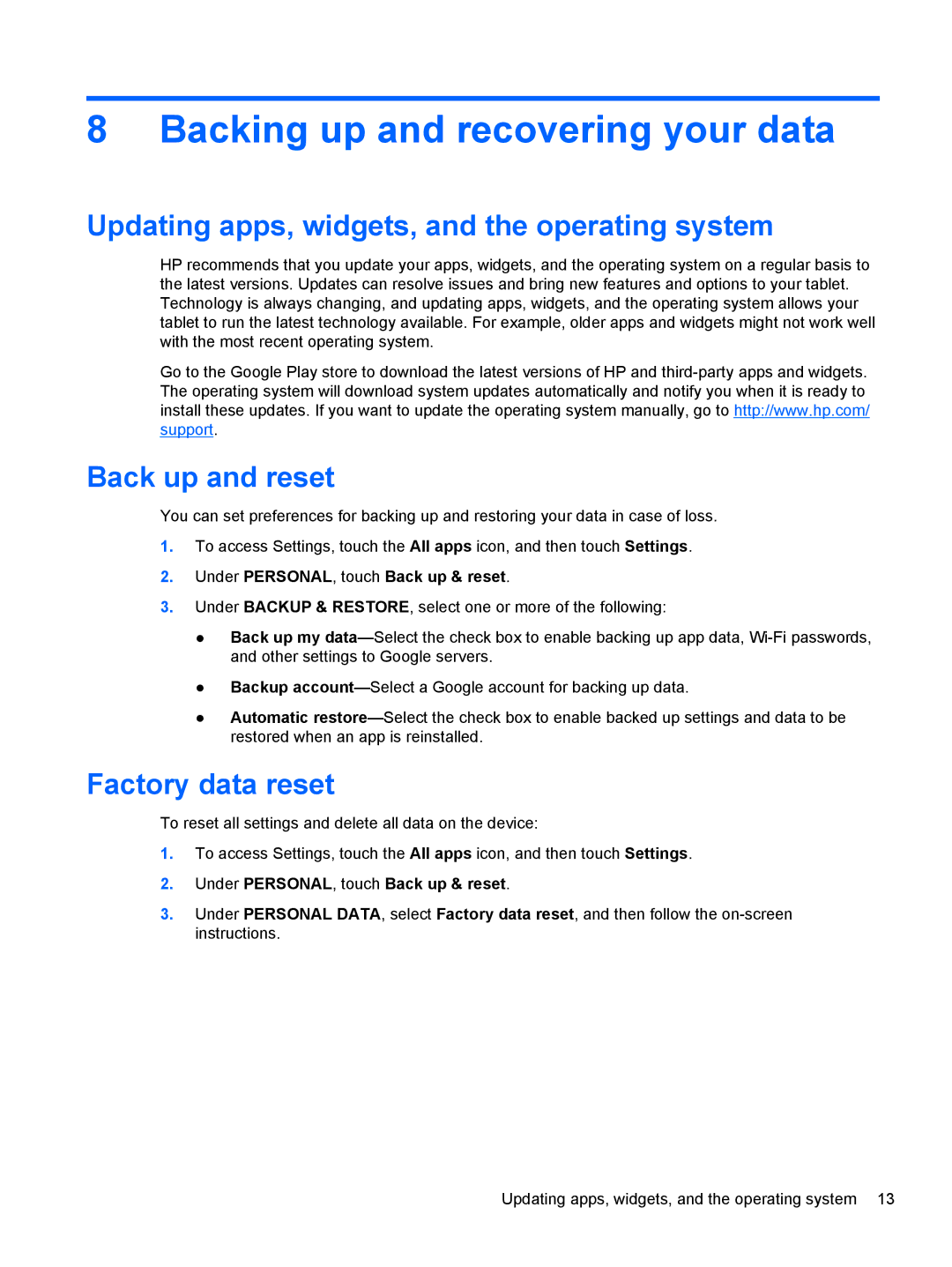 HP 7 1800 manual Backing up and recovering your data, Updating apps, widgets, and the operating system, Back up and reset 