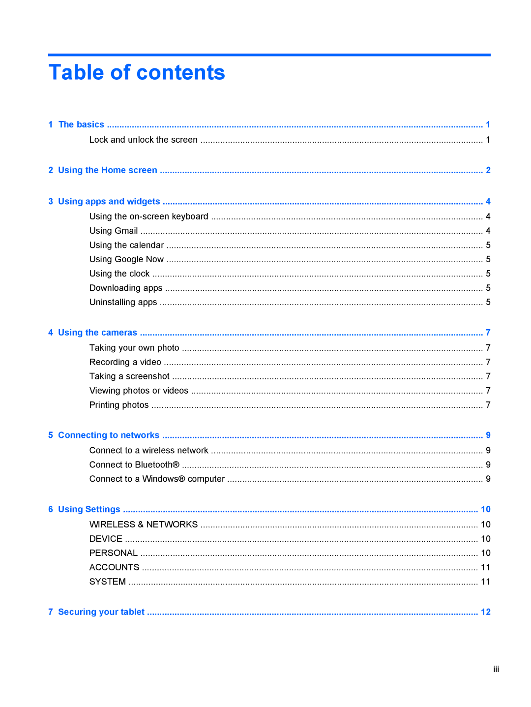 HP 7 1800 manual Table of contents 