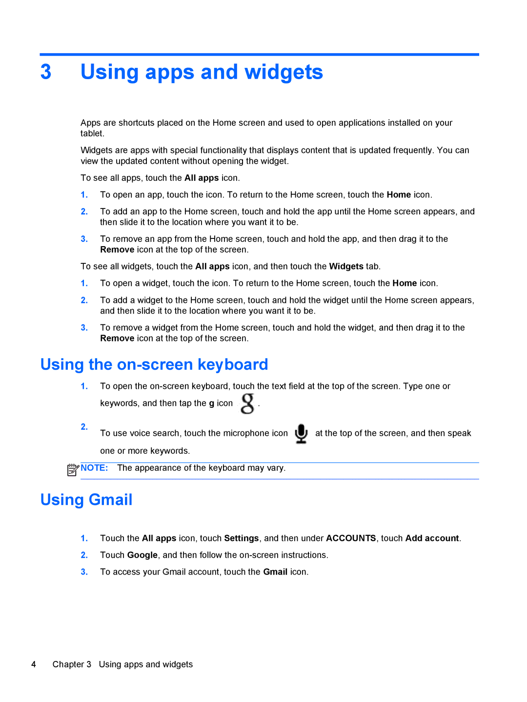 HP 7 1800 manual Using apps and widgets, Using the on-screen keyboard, Using Gmail 