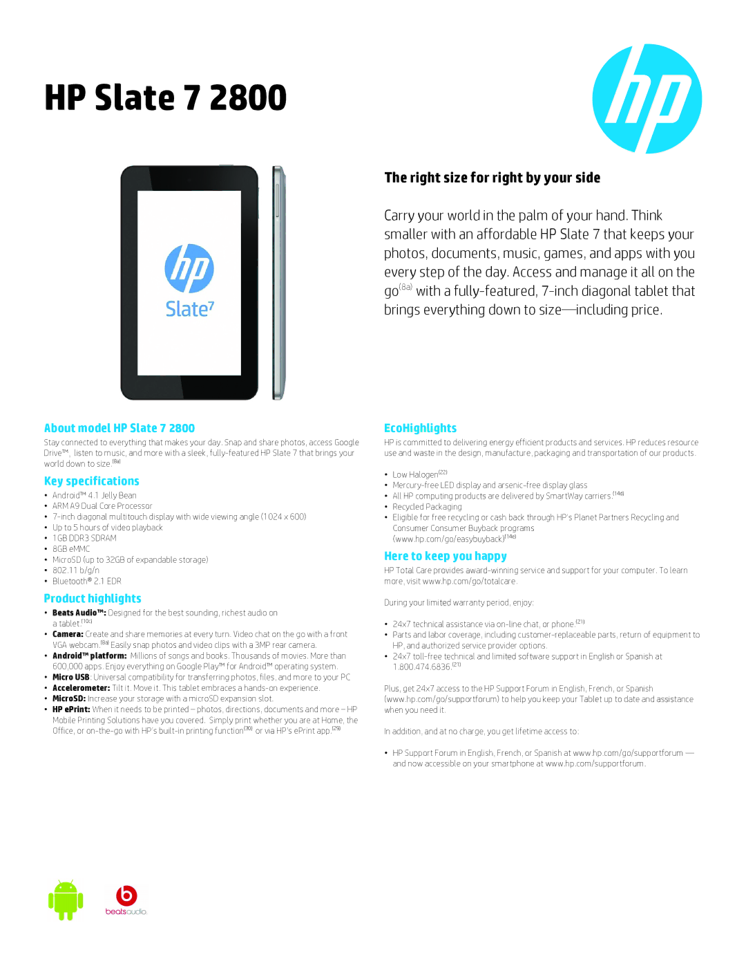 HP 7 2800 E0H92AA-A9J40A manual About model HP Slate 7, Key specifications, Product highlights, EcoHighlights 