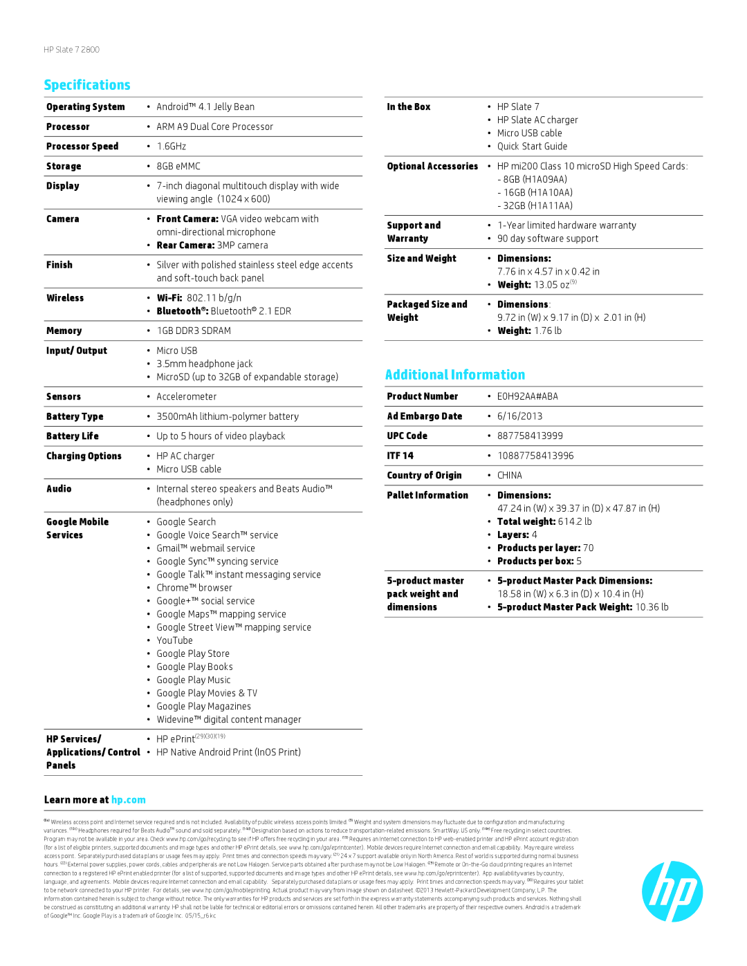 HP 7 2800 E0H92AA-A9J40A manual Specifications, Additional Information 