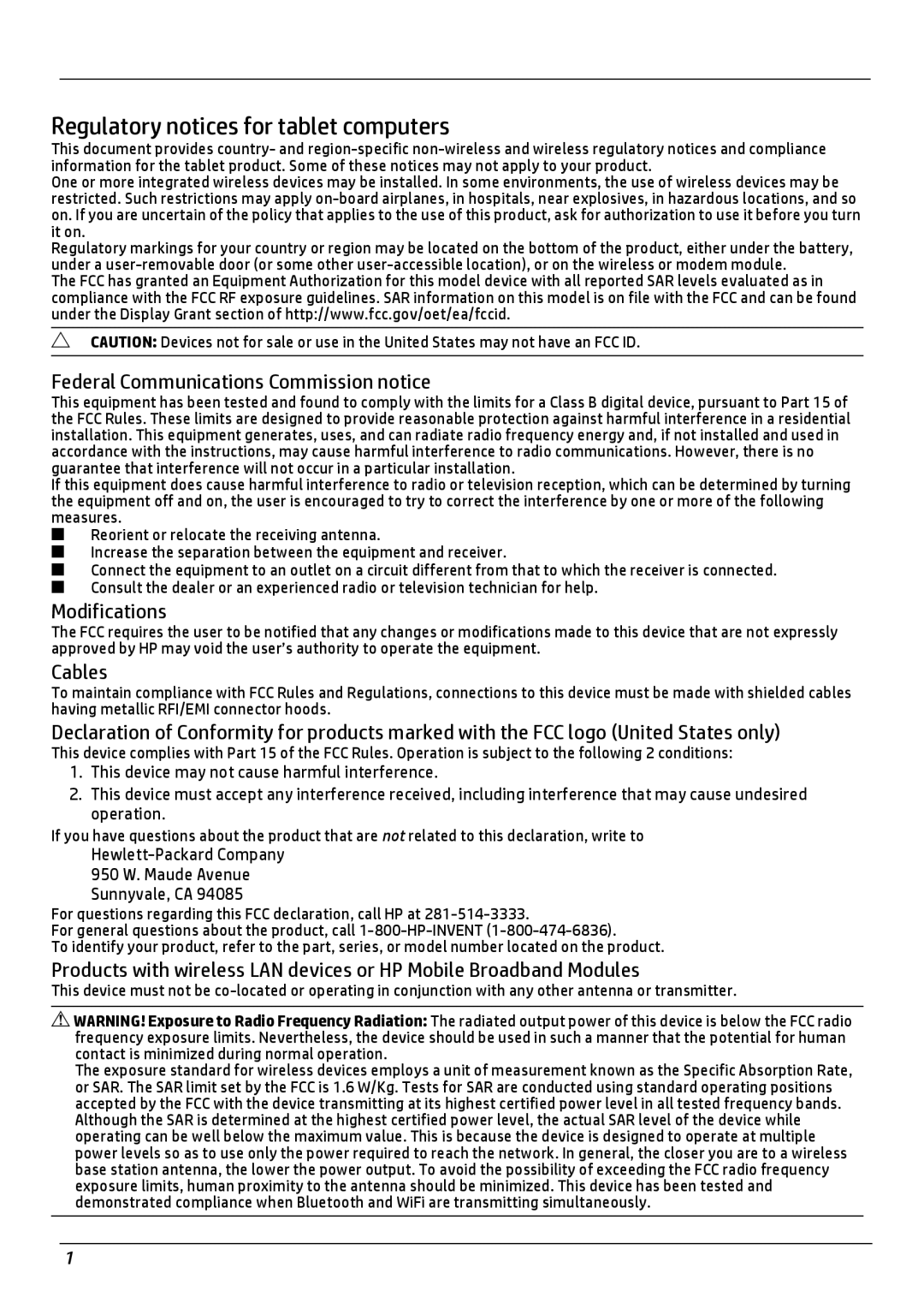 HP 7 2800, 7 4601 Regulatory notices for tablet computers, Federal Communications Commission notice, Modifications, Cables 