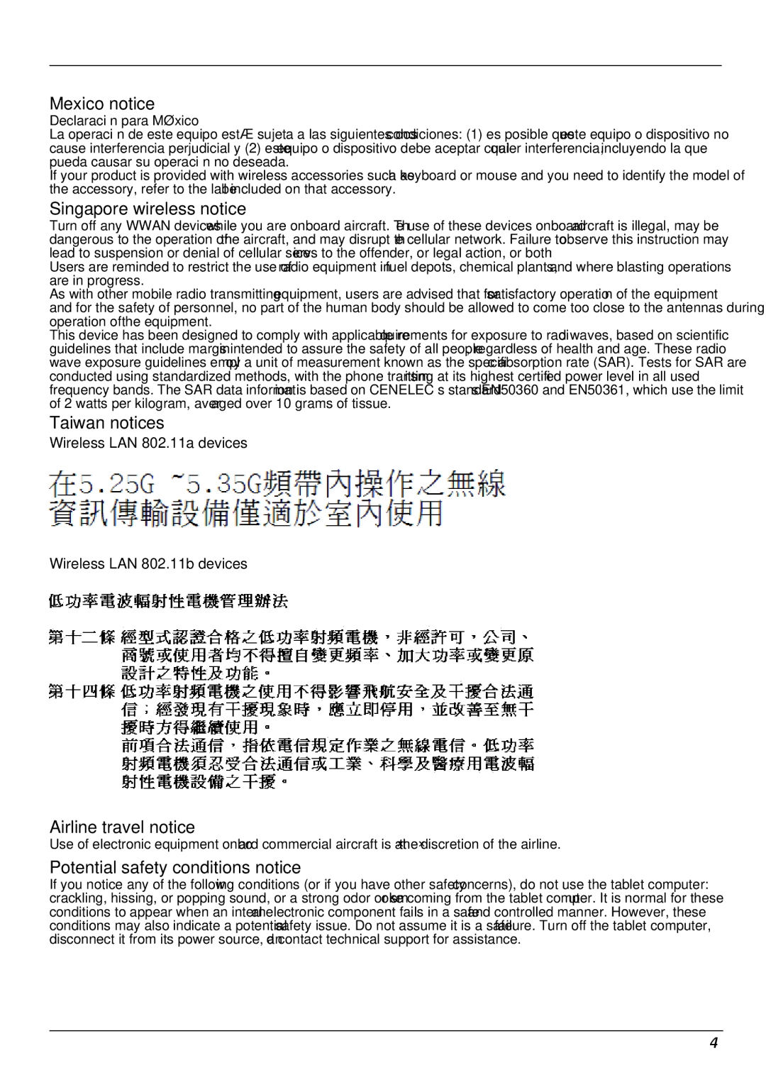 HP 7 2800, 7 4601, 7 4600 manual Mexico notice, Singapore wireless notice, Taiwan notices, Airline travel notice 