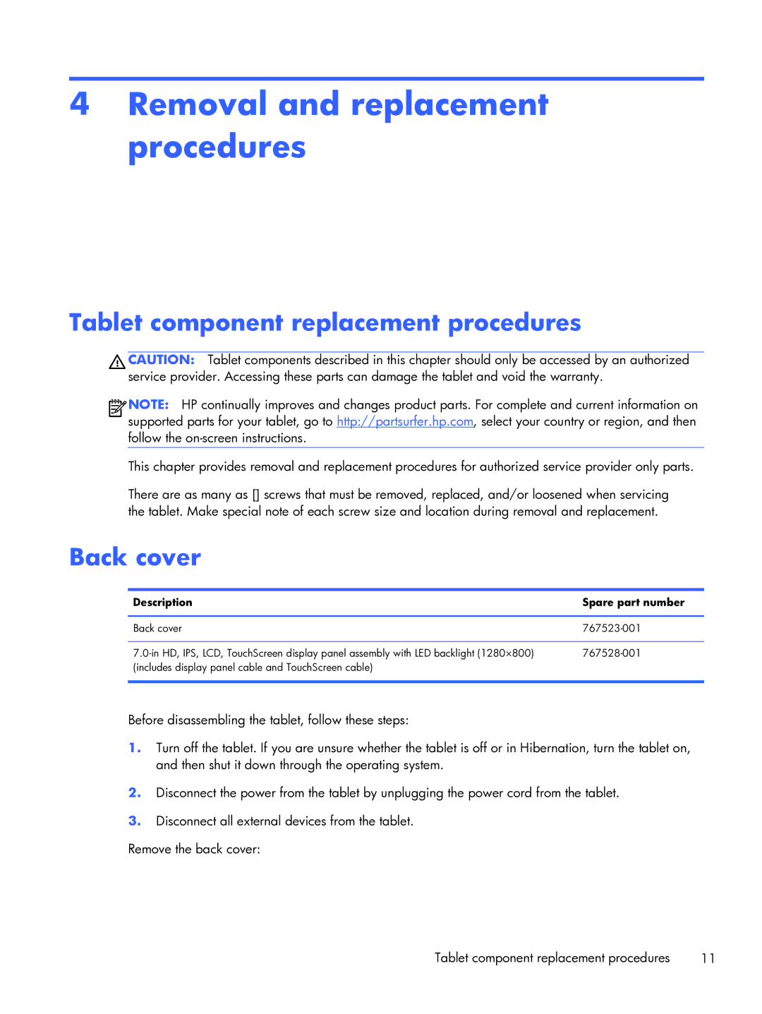 HP 7 Beats 4501us manual Removal and replacement procedures, Tablet component replacement procedures, Back cover 