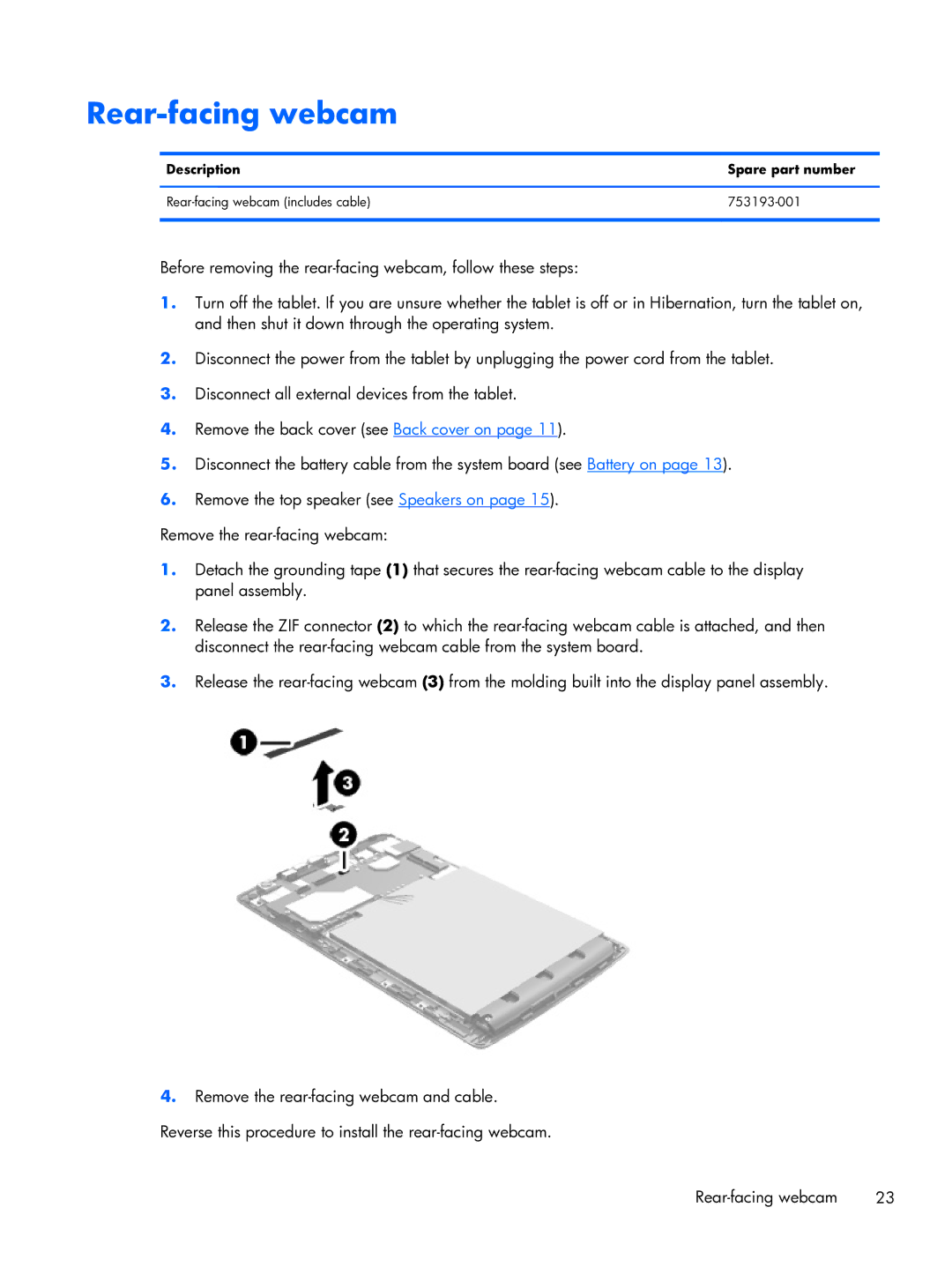 HP 7 Beats 4501us manual Rear-facing webcam, Description Spare part number 